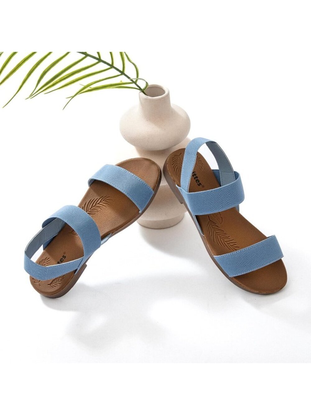 Women's Casual Flat Slide Blue Sandals Elastic Strappy Double Bands Open Toe - Picture 5 of 6